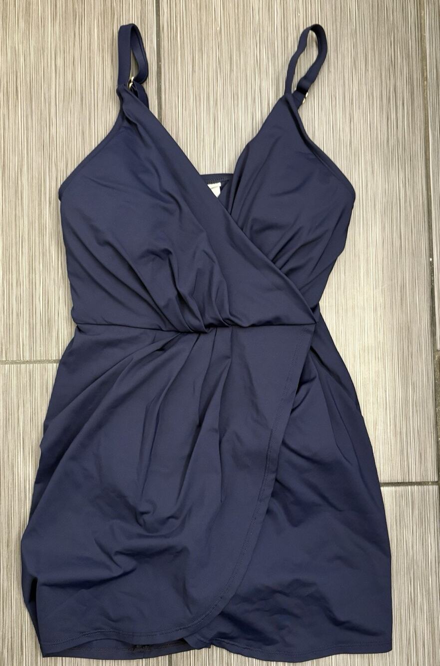 Lands’ End Swim Dress Wrap Front Design Size Small Navy Blue